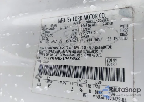 2008 Ford Ranger Fx4 Off-Road/Sport/Xl/Xlt z USA, uszkodzony, nr VIN 1FTYR15EX8PA74869